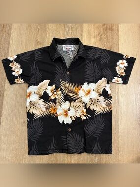 Pacific Legend Kids Hawaiian Aloha Shirt Black Floral Hibiscus 100% Cotton USA S